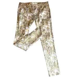 Y2K Gold Foiled Paisley Glam Maximalist Mobwife Slim Straight Jeans 9 Stretch